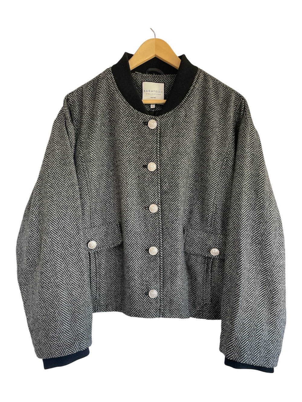 bagatelle Black & White Herringbone Bomber Jacket with Ribbed Trim